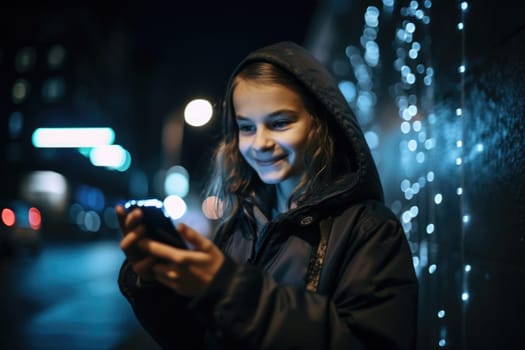 Wide angle shot of a young caucasian 10-year-old little girl trendy clothes using mobile phone with background of urban city street at night. Generative AI AIG18.