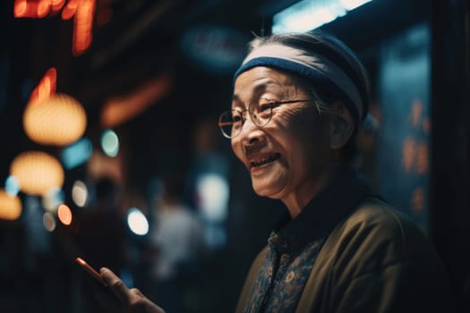 a senior chinese japanese woman trendy clothes using mobile phone with background of urban city street at night Generative AI AIG18.