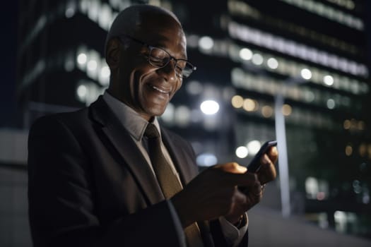 Wide angle shot of a senior african-american businessman executive using mobile phone with background of modern office buildings at night. Generative AI AIG18.