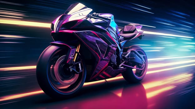 Futuristic fantasy motorbike on highway with neon light. AI Generative