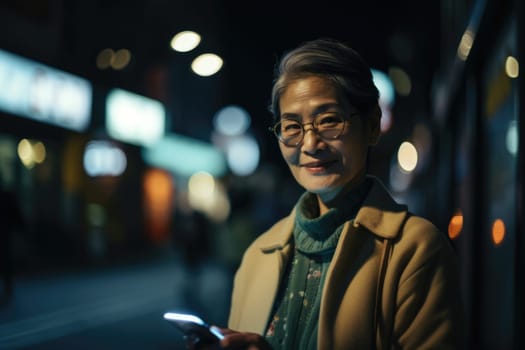 Wide angle shot of a senior chinese japanese woman trendy clothes using mobile phone with background of urban city street at night. Generative AI AIG18.
