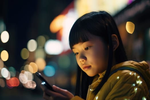 Low angle shot of a young chinese japanese 10-year-old little girl trendy clothes using mobile phone with background of urban city street at night. Generative AI AIG18.