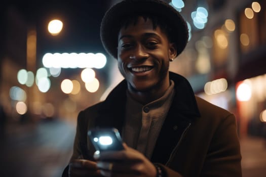 Low angle shot of a young african-american man trendy clothes using mobile phone with background of urban city street at night. Generative AI AIG18.