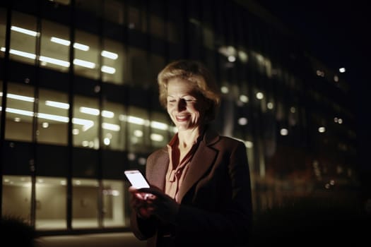 Wide angle shot of a senior caucasian businesswoman executive using mobile phone with background of modern office buildings at night. Generative AI AIG18.