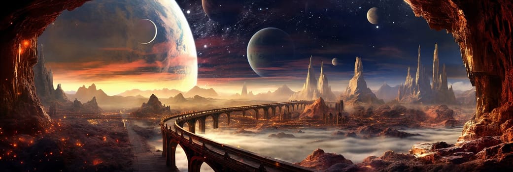 Bridge in the fantasy planet, mountains and night sky with stars and planets on background . AI Generative