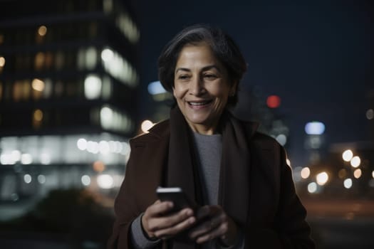 Wide angle shot of a senior mexican hispanic businesswoman executive using mobile phone with background of modern office buildings at night. Generative AI AIG18.