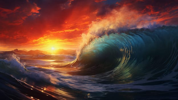 Sunset over the sea, big tube wave on the foreground, panorama . AI Generative