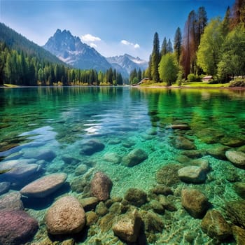 The crystal-clear water of the lake reflects the blue sky above, surrounded by lush greenery and mountains . Generative AI