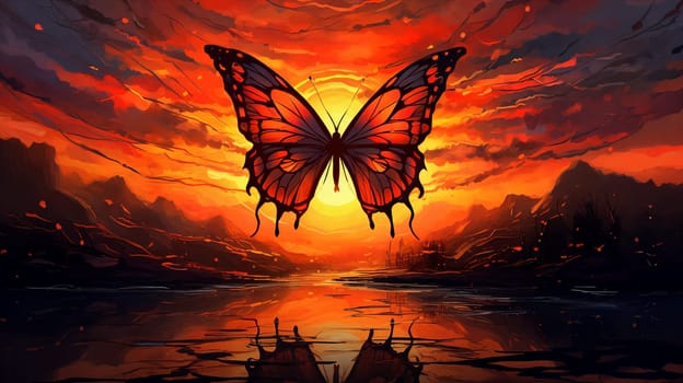 Butterfly grace sunset mountains, nature's masterpiece. Generative AI