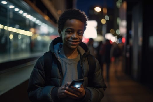 Wide angle shot of a young african-american 10-year-old little boy trendy clothes using mobile phone with background of urban city street at night. Generative AI AIG18.