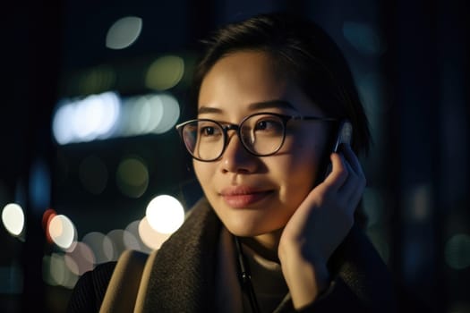 a young chinese japanese businesswoman executive using mobile phone with background of modern office buildings at night Generative AI AIG18.