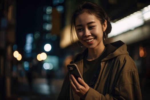 Low angle shot of a young chinese japanese woman trendy clothes using mobile phone with background of urban city street at night. Generative AI AIG18.