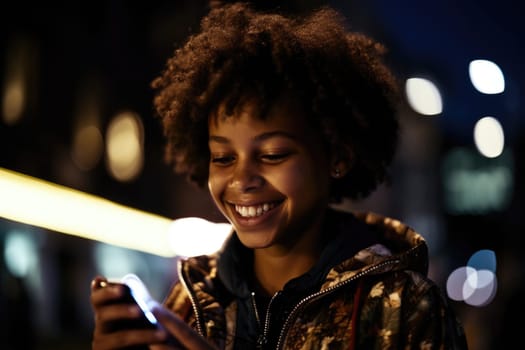 Low angle shot of a young african-american 10-year-old little girl trendy clothes using mobile phone with background of urban city street at night. Generative AI AIG18.
