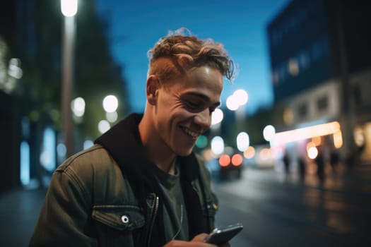 Low angle shot of a young caucasian man trendy clothes using mobile phone with background of urban city street at night. Generative AI AIG18.