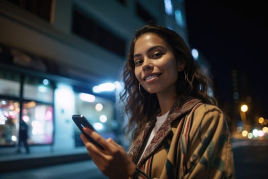 Wide angle shot of a young mexican hispanic woman trendy clothes using mobile phone with background of urban city street at night. Generative AI AIG18.