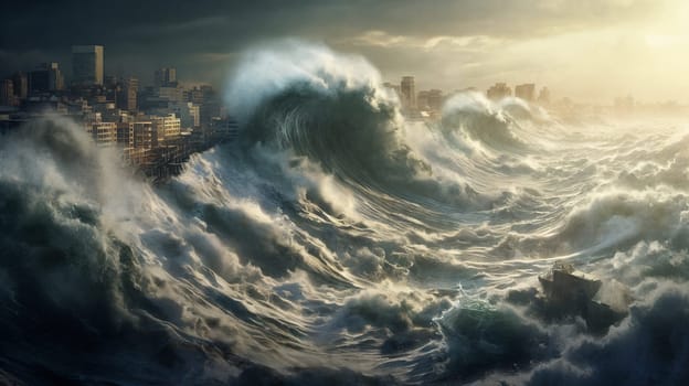 Unleashed fury of a tsunami engulfs the modern city. Generative AI