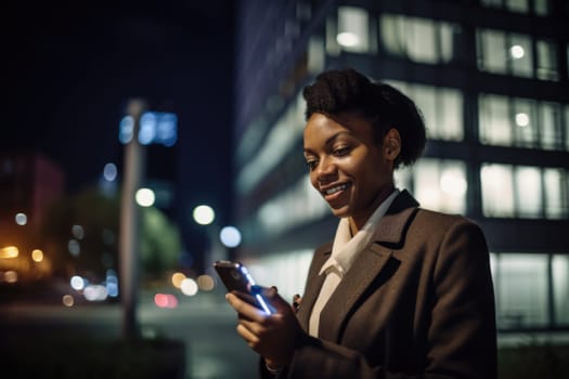Wide angle shot of a young african-american businesswoman executive using mobile phone with background of modern office buildings at night. Generative AI AIG18.