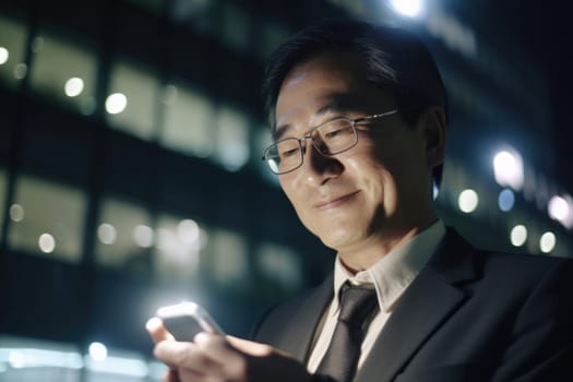 a senior african-american businessman executive using mobile phone with background of modern office buildings at night, and smiling happy Generative AI AIG18.