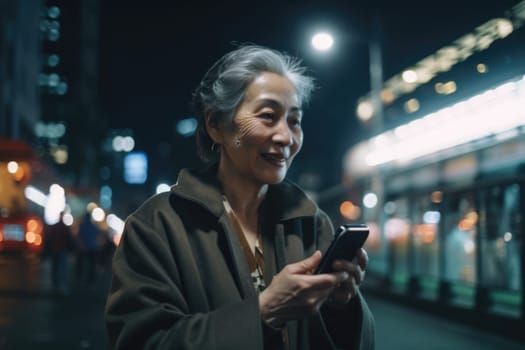 a senior chinese japanese woman trendy clothes using mobile phone with background of urban city street at night Generative AI AIG18.