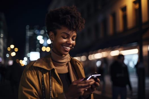 Wide angle shot of a young african-american woman trendy clothes using mobile phone with background of urban city street at night. Generative AI AIG18.