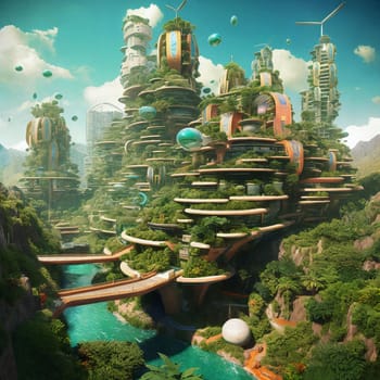 Futuristic cityscape of eco city, modern building surrounded plants. AI Generative