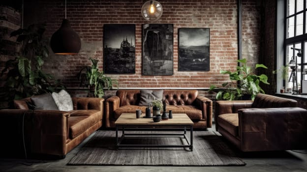 Inspiring office interior design Industrial style Lounge featuring Brick accent architecture. Generative AI AIG 31.