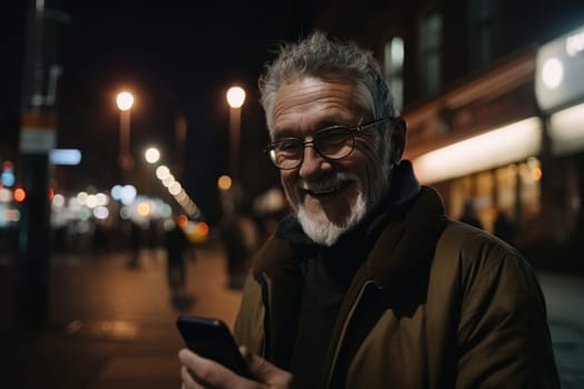 Wide angle shot of a senior caucasian man trendy clothes using mobile phone with background of urban city street at night. Generative AI AIG18.