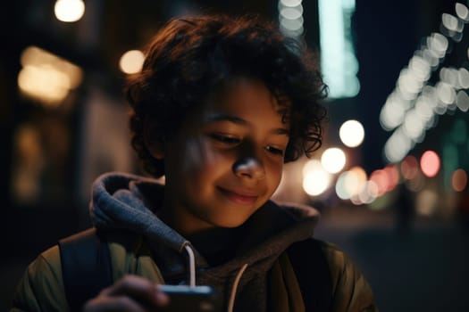 Low angle shot of a young mexican hispanic 10-year-old little boy trendy clothes using mobile phone with background of urban city street at night. Generative AI AIG18.