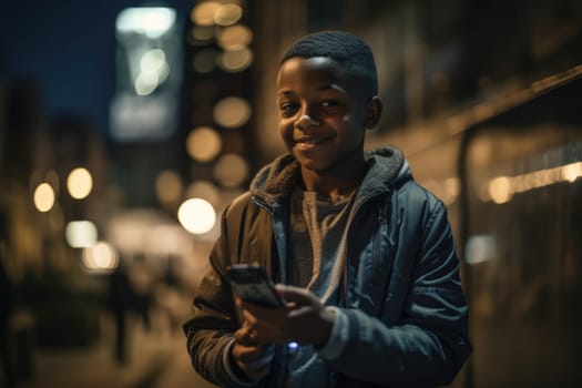 Wide angle shot of a young african-american 10-year-old little boy trendy clothes using mobile phone with background of urban city street at night. Generative AI AIG18.
