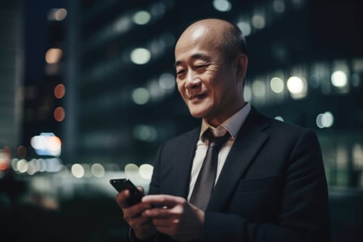 Wide angle shot of a senior chinese japanese businessman executive using mobile phone with background of modern office buildings at night. Generative AI AIG18.