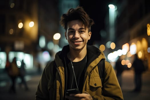 Wide angle shot of a young mexican hispanic man trendy clothes using mobile phone with background of urban city street at night. Generative AI AIG18.