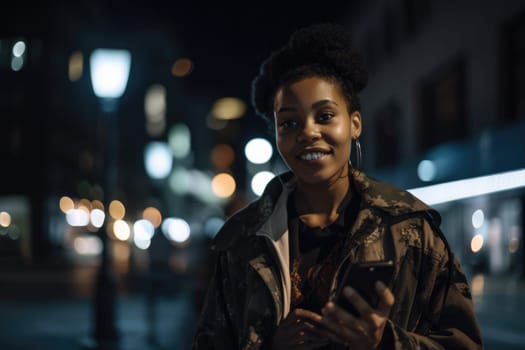 Wide angle shot of a young african-american woman trendy clothes using mobile phone with background of urban city street at night. Generative AI AIG18.