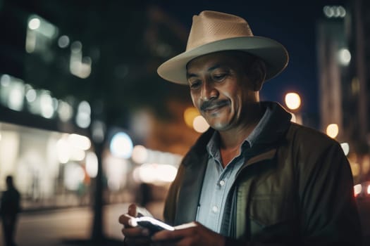 a senior mexican hispanic man trendy clothes using mobile phone with background of urban city street at night Generative AI AIG18.