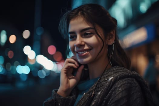 Low angle shot of a young mexican hispanic woman trendy clothes using mobile phone with background of urban city street at night. Generative AI AIG18.