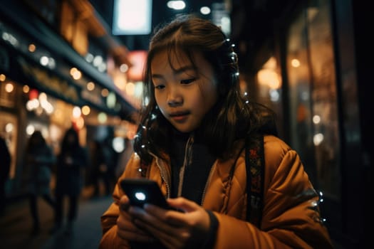 Low angle shot of a young chinese japanese 10-year-old little girl trendy clothes using mobile phone with background of urban city street at night. Generative AI AIG18.