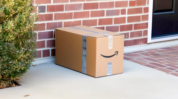 Delivered parcel box on door mat near entrance. Amazon Prime shopping. Generative Ai