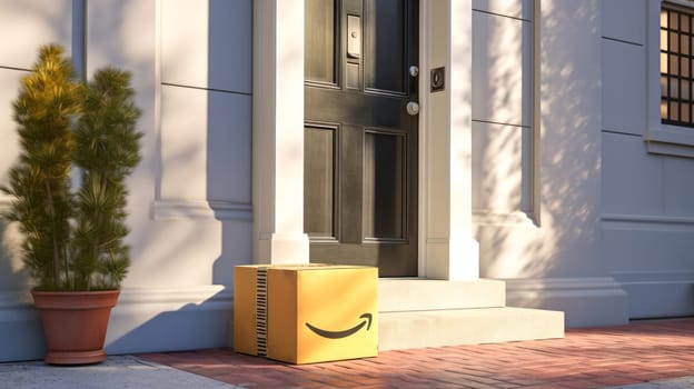Delivered parcel box on door mat near entrance. Amazon Prime shopping. Generative Ai