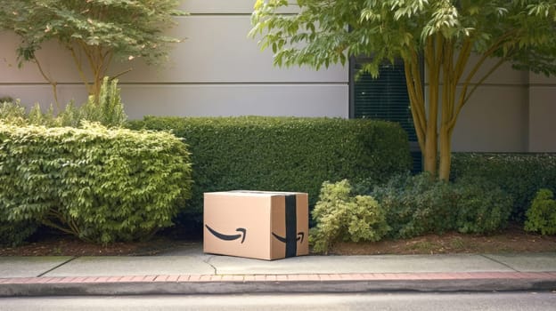 Delivered parcel box outside on sidewalk near house entrance. Amazon Prime shopping. Generative Ai
