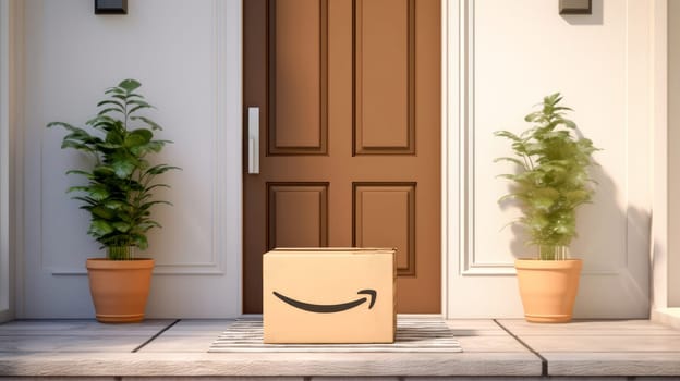 Delivered parcel box on door mat near entrance. Amazon Prime shopping. Generative Ai