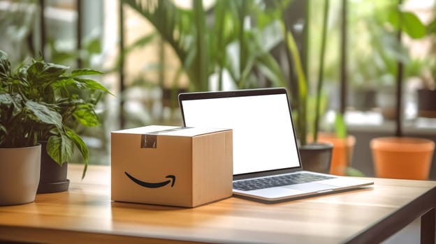 Delivered parcel box on table with laptop blurred home background. Amazon Prime shopping. Online shopping. Generative Ai