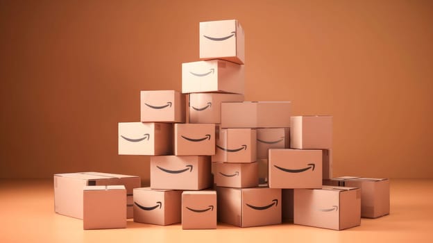 Pile of Amazon Prime cardboard boxes packages on yellow background. Generative Ai