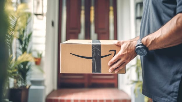 Faceless delivery man holding Amazon prime cardbox parcel box blurred street background. Generative ai