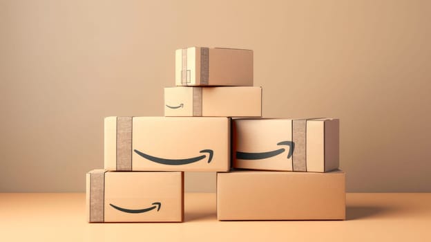 Pile of Amazon Prime cardboard boxes packages on yellow background. Generative Ai