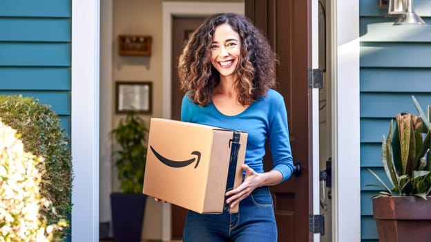Smiling woman holding Amazon Prime cardboard parcel box against front door house entrance. Black Friday sale. Online shopping. Generative ai