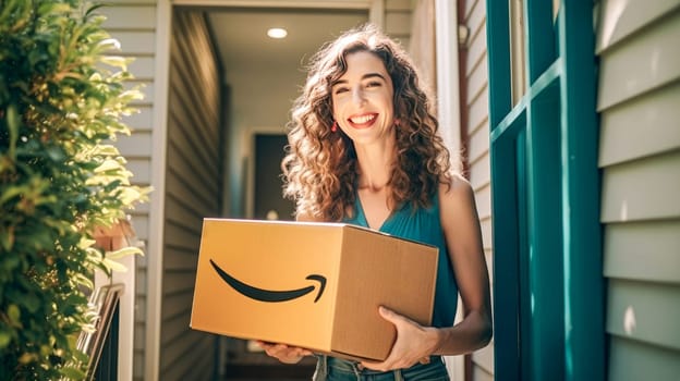 Smiling woman holding Amazon Prime cardboard parcel box against front door house entrance. Black Friday sale. Online shopping. Generative ai