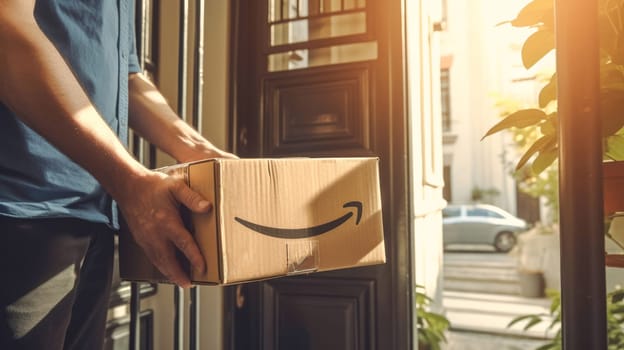Faceless delivery man holding Amazon prime cardbox parcel box blurred street background. Generative ai