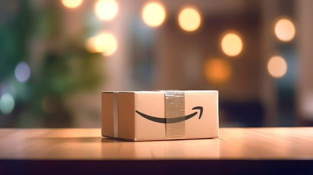Delivered parcel box on table with blurred home background. Amazon Prime shopping. Generative Ai
