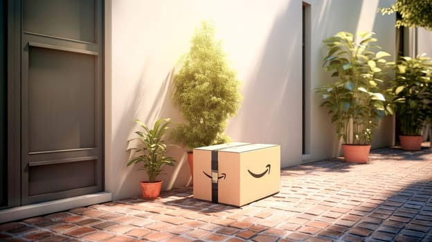 Delivered parcel box on door mat near entrance. Amazon Prime shopping. Generative Ai