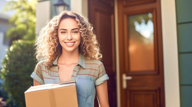 Smiling woman holding cardboard parcel box against front door house entrance. Black Friday sale. Online shopping. Generative ai