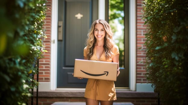 Smiling woman holding Amazon Prime cardboard parcel box against front door house entrance. Black Friday sale. Online shopping. Generative ai